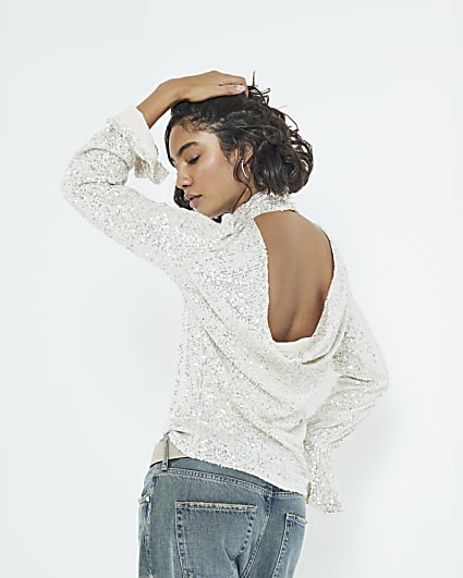 Silver Long Sleeve Sequin Open Back Top