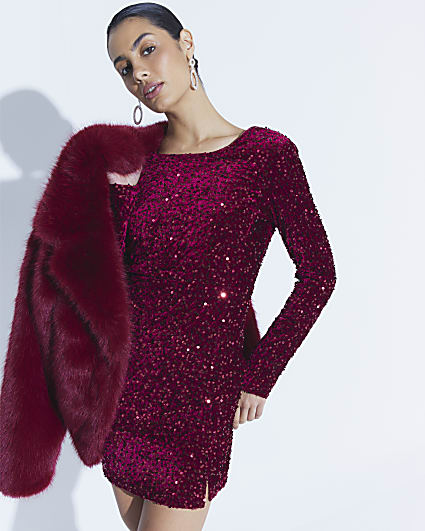 Red Long Sleeved Sequin Mini Dress