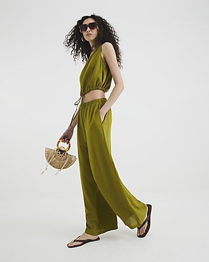 Lime Linen Blend Cut off Trousers