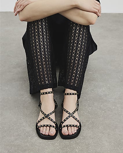 Black Eyelet Strappy Sandals