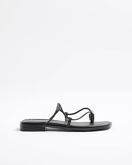 Black Diamante Toe Loop Flat Sandals