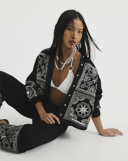 Petite Black Long Sleeve Crochet Patch Shirt