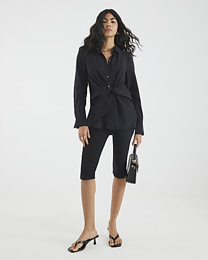 Black Long Sleeve Tie Waist Shirt