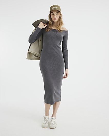 Grey Long Sleeve Sweetheart Midi Dress