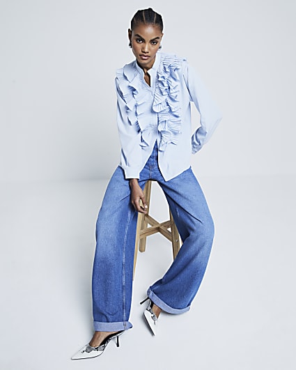 Blue Long Sleeved Ruffled Blouse