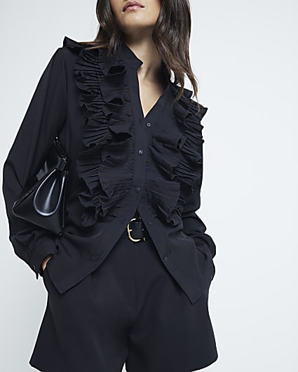 Black Long Sleeve Ruffle Blouse