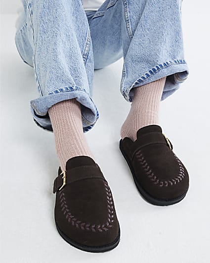 Brown Suede Buckle Clogs