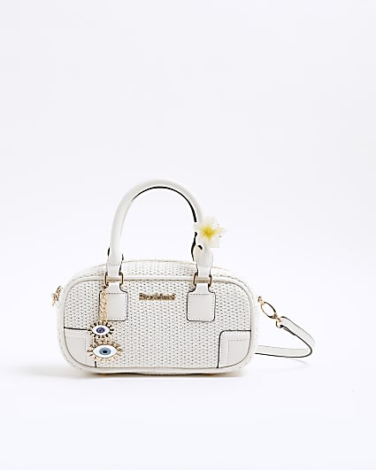 White Rectangle Raffia Bowler Bag