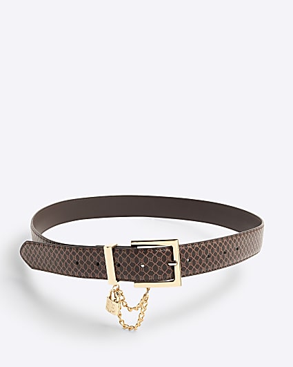 Brown Faux Leather Monogram Lock Belt