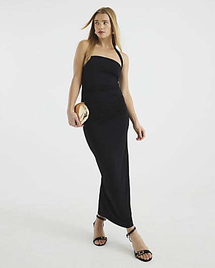 Black Sleeveless Halter Neck Midi Dress