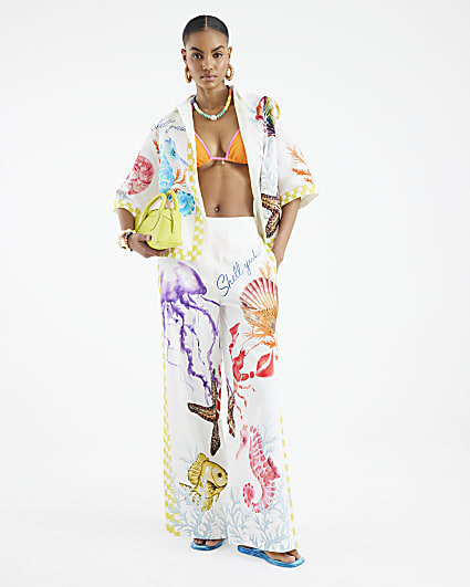 Cream Tropical Print Wide Leg Trousers