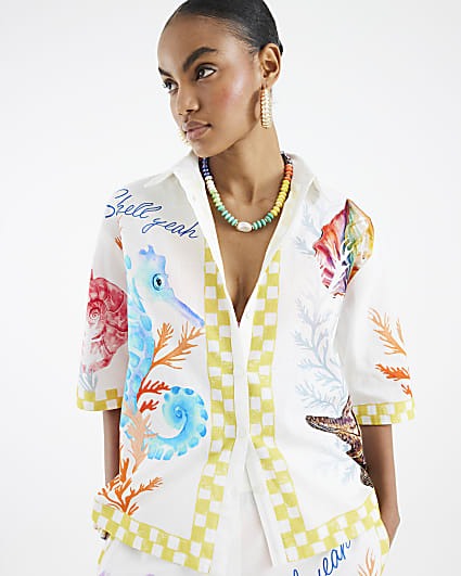 Cream Long Sleeve Tropical Print Shirt