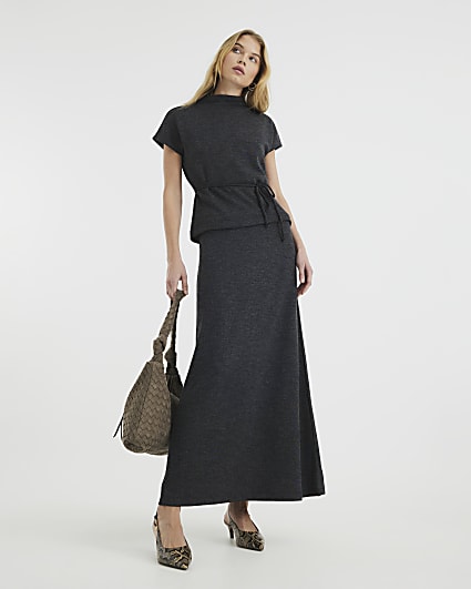 Grey Ribbed Midi Skirt