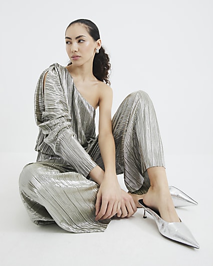 Green Metallic Asymmetric Plisse Jumpsuit