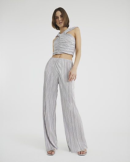 Silver Plisse Wide Leg Trousers