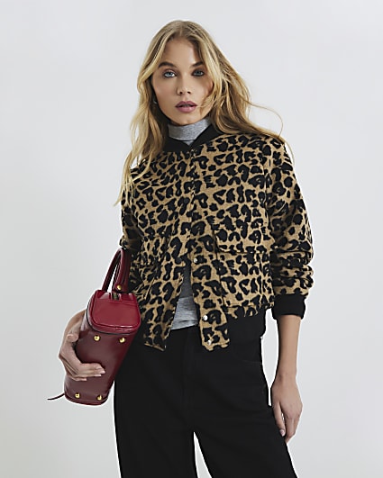 Brown Leopard Print Bomber Jacket