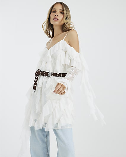 White Long Sleeve Lace Ruffled Mini Dress