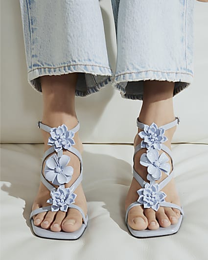 Blue Flower Trim Heeled Sandals