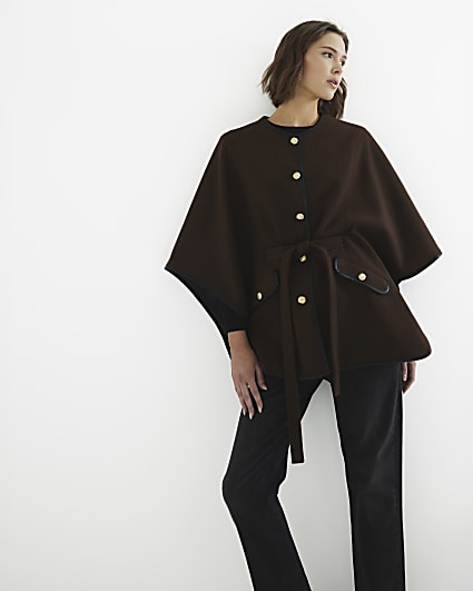 Brown Belted Button up Cape