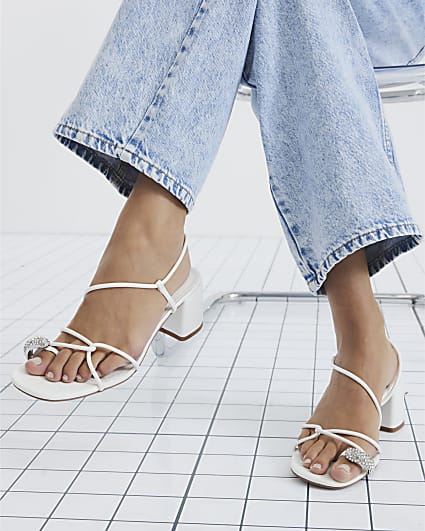 White Diamante Toe Loop Block Heel Sandals