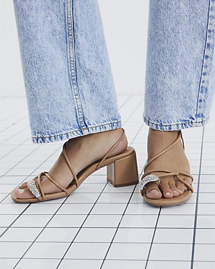 Beige Diamante Toe Loop Block Heel Sandals