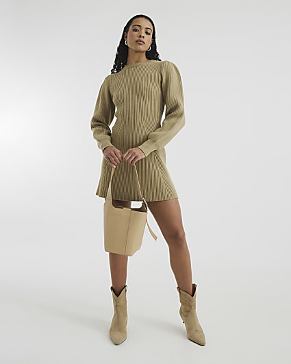 Khaki Long Sleeve Ribbed Knit Mini Dress