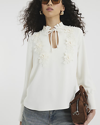 Cream Long Sleeve Tie Floral Applique Blouse