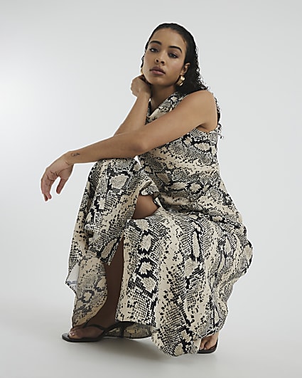 Cream Snake Print Cowl Neck Midi Dress