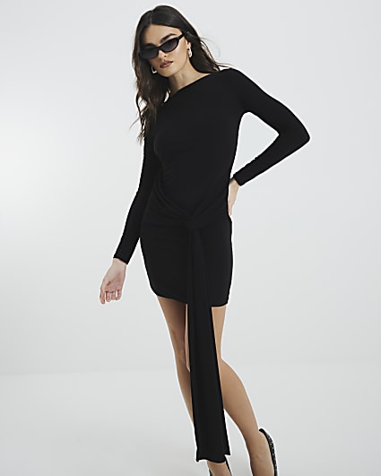 Black Long Sleeved Tie Detail Mini Dress