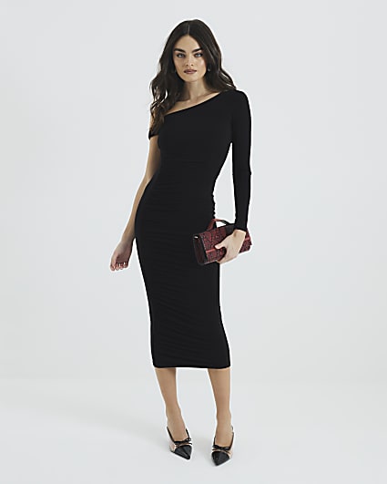 Black Asymmetric Twist Ruched Midi Dress