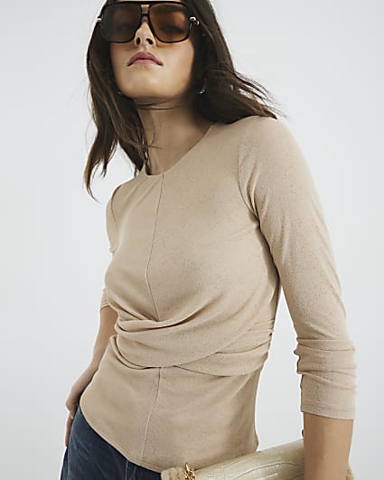 Beige Long Sleeve Wrap Top