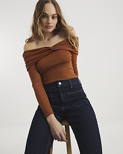 Rust Long Sleeve Ruched Bardot Top