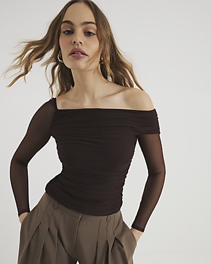 Brown Asymmetric Neck Ruched Mesh Top