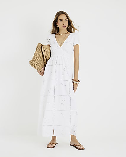 White Short Sleeve Cutwork Maxi Dress