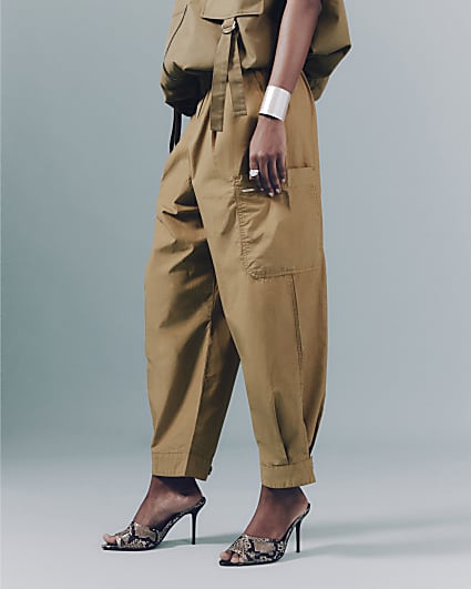 Beige Belted Barrel Trousers