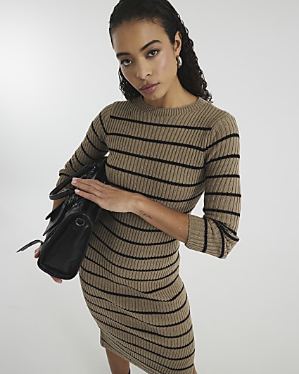 Brown Long Sleeve Stripe Midi Dress