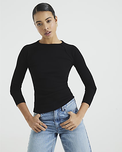 Black Long Sleeve Ribbed Raglan Top