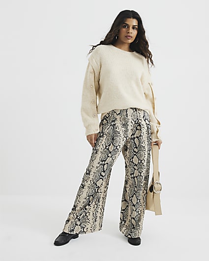 Petite Cream Snake Print Wide Leg Trouser