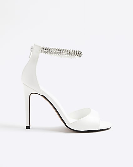 White Embellished Strap Peep Toe Heels