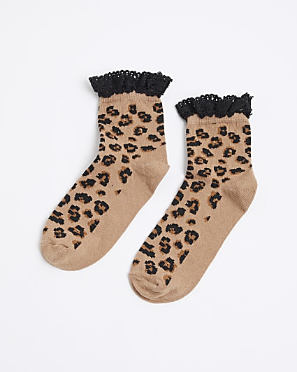 Brown Cotton Frill Leopard Socks