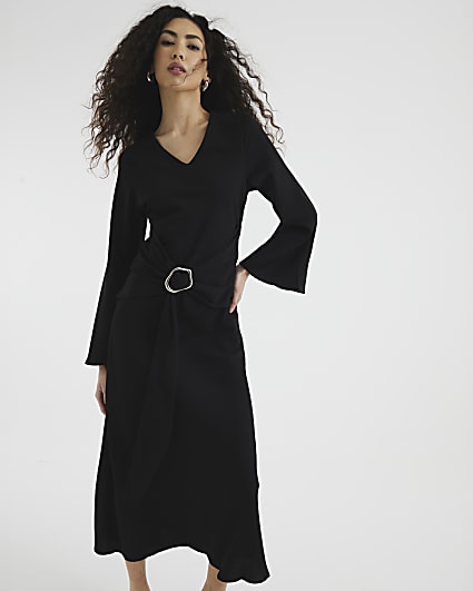 Black Long Sleeved Tie Waist Midi Dress