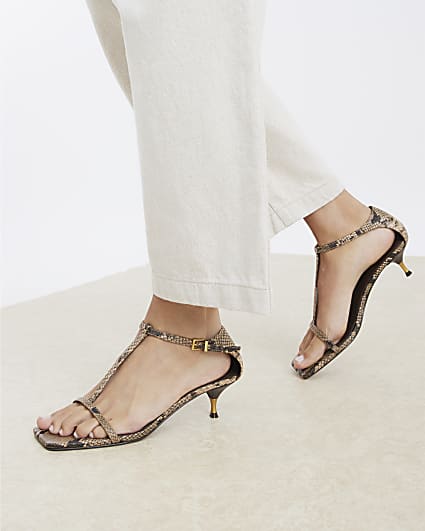 Brown Snake Print Kitten T Bar Sandals