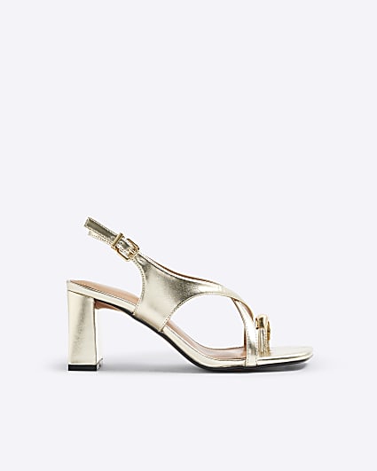 Gold Cross Strap Toe Loop Heeled Sandals