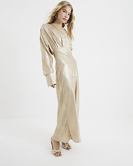 Gold Foil V-neck Long Sleeved Maxi Dress