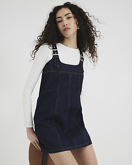 Blue Denim Buckled Pinafore Mini Dress