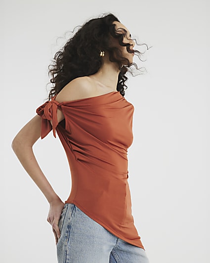 Rust Drape Tie Knot Asymmetric Top