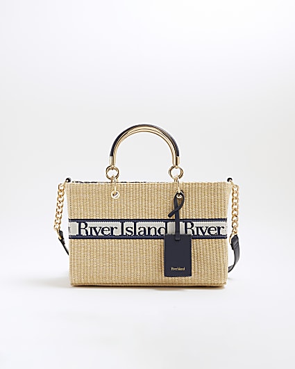 Beige Webbing Front Raffia Tote Bag