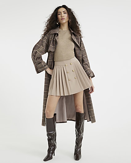 Beige Pleated Military Mini Skirt