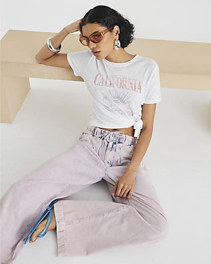 Pink Pyjama Style Wide Leg Jeans