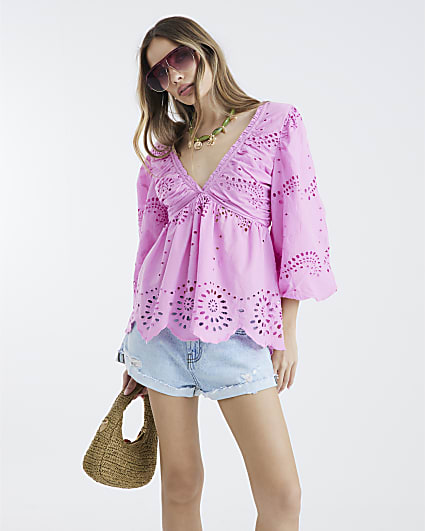 Pink V-neck Mid Sleeve Broderie blouse